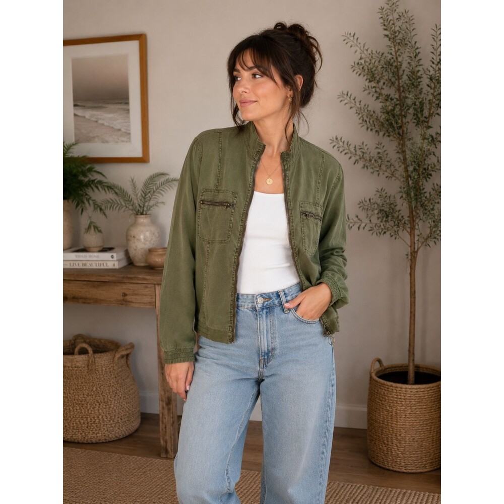 XCVI Quinn Bomber Jacket L Green Lyocell Zip Up Lightweight Mock Neck